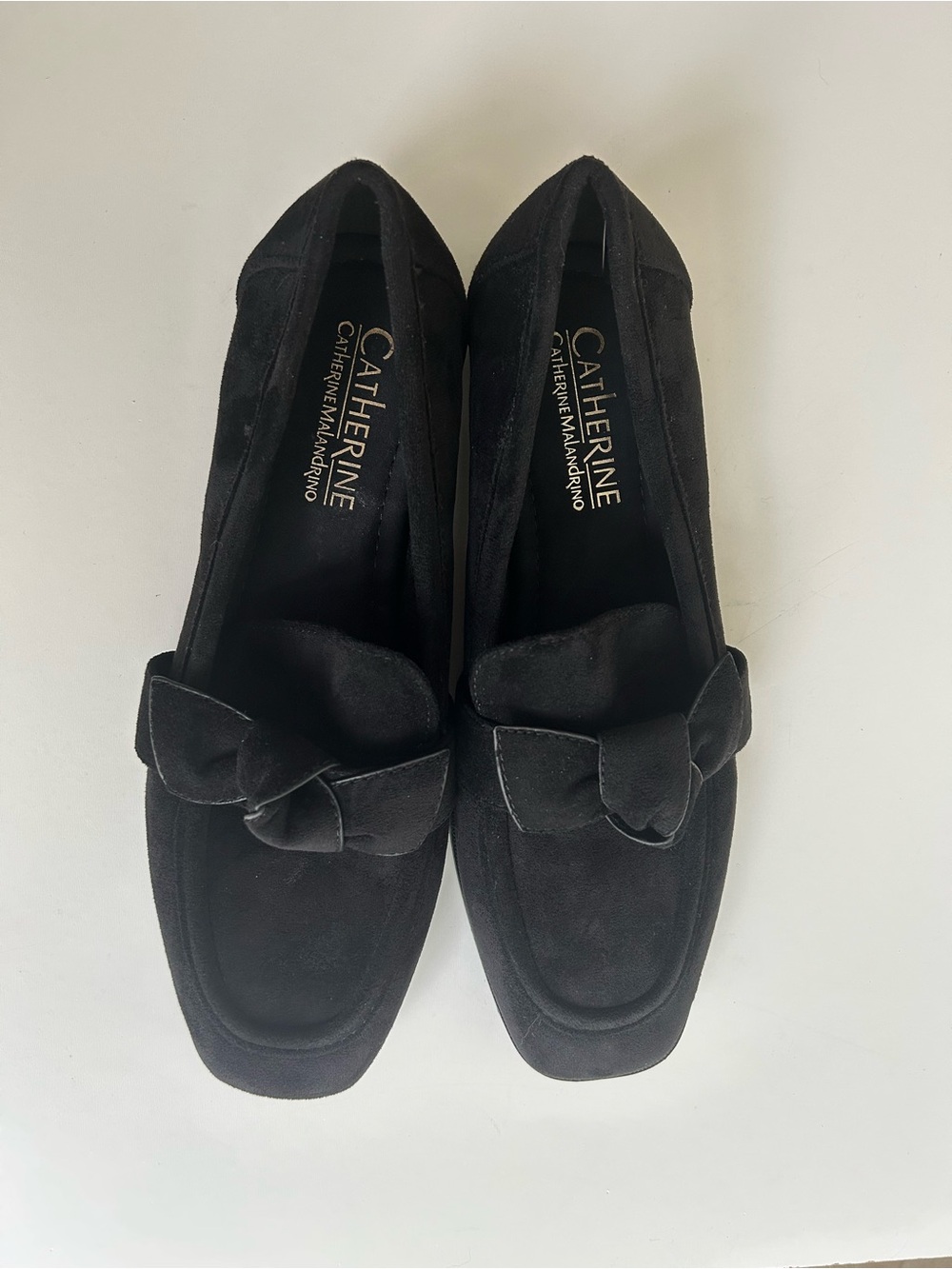 NWT CATHERINE MALANDRINO Women Leather Suede Bow Black Shoes Loafers, Size 8